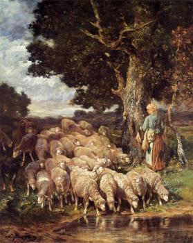 埃米爾 查爾斯 雅尅 A Shepherdess with her Flock near a Stream 埃米爾 查爾斯 雅尅 A Shepherdess with her Flock near a Stream